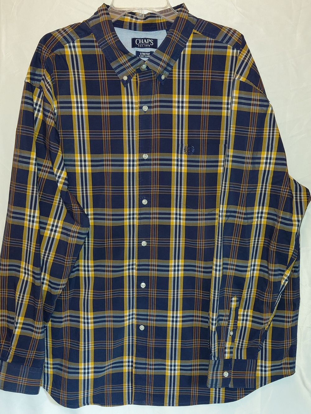 Chaps Men’s Navy and Yellow Plaid Button-Down Shirt #2637